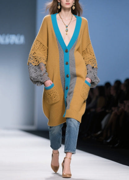 Casual Brown Oversized Patchwork Lace Knit Cardigans Fall