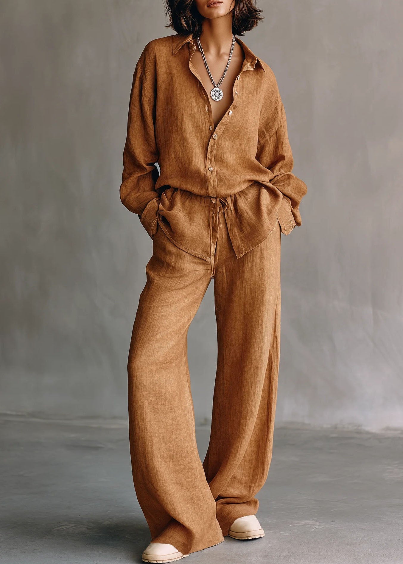Casual Brown Peter Pan Collar Cinched Solid Shirts And Wide Leg Pants Two Piece Set Long Sleeve