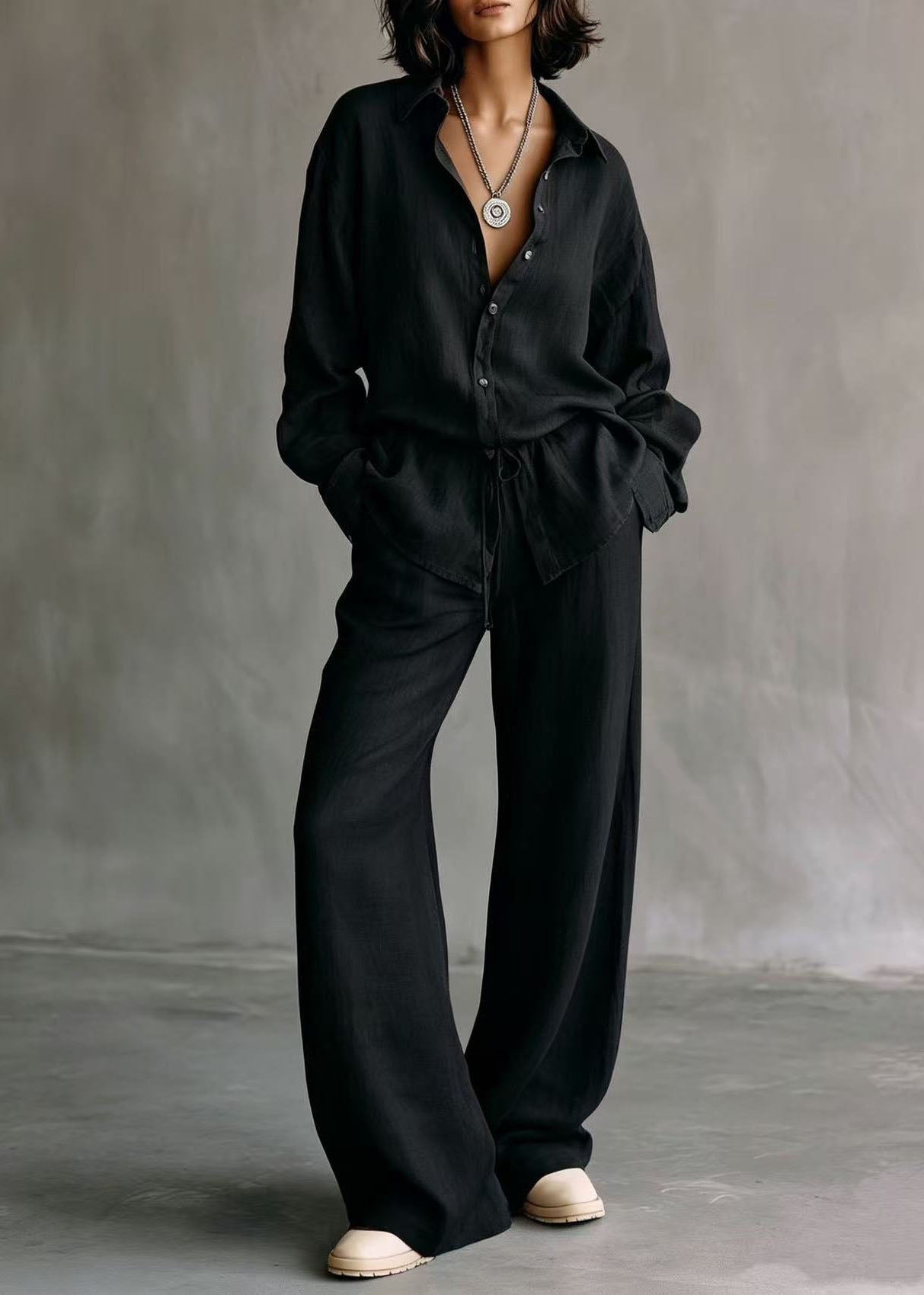 Casual Brown Peter Pan Collar Cinched Solid Shirts And Wide Leg Pants Two Piece Set Long Sleeve