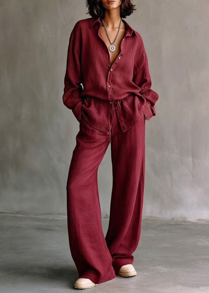 Casual Brown Peter Pan Collar Cinched Solid Shirts And Wide Leg Pants Two Piece Set Long Sleeve