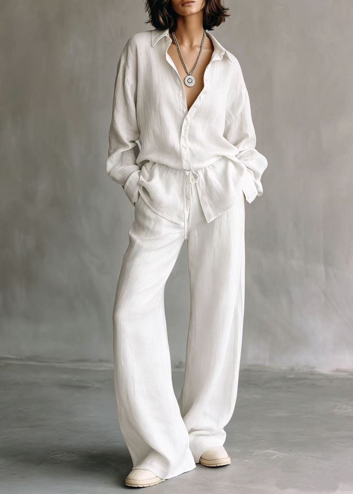 Casual Brown Peter Pan Collar Cinched Solid Shirts And Wide Leg Pants Two Piece Set Long Sleeve