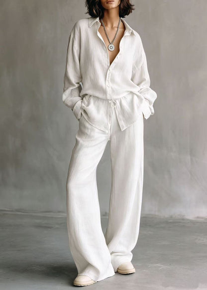 Casual Brown Peter Pan Collar Cinched Solid Shirts And Wide Leg Pants Two Piece Set Long Sleeve