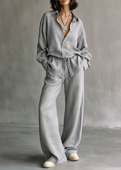 Casual Brown Peter Pan Collar Cinched Solid Shirts And Wide Leg Pants Two Piece Set Long Sleeve