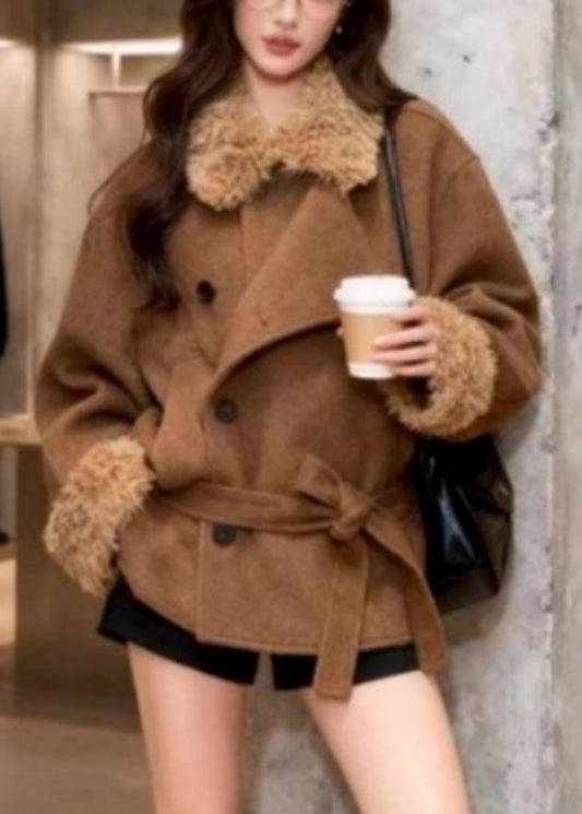 Casual Brown Peter Pan Collar Tie Waist Thick Woolen Coats Long Sleeve