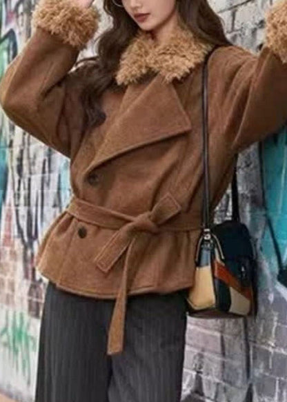 Casual Brown Peter Pan Collar Tie Waist Thick Woolen Coats Long Sleeve