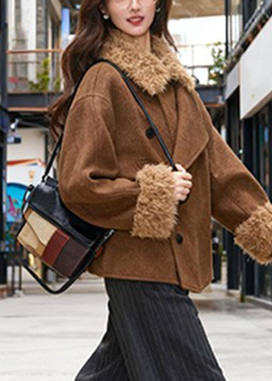 Casual Brown Peter Pan Collar Tie Waist Thick Woolen Coats Long Sleeve