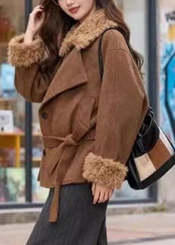 Casual Brown Peter Pan Collar Tie Waist Thick Woolen Coats Long Sleeve