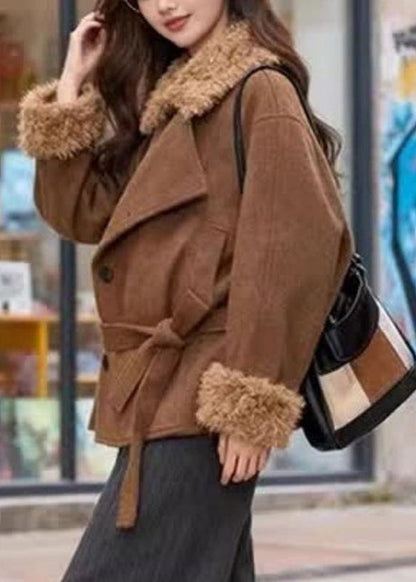 Casual Brown Peter Pan Collar Tie Waist Thick Woolen Coats Long Sleeve