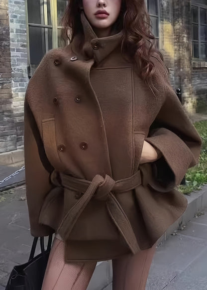 Casual Brown Stand Collar Button Woolen Coats Long Sleeve