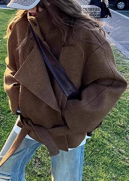 Casual Brown Stand Collar Button Woolen Coats Long Sleeve
