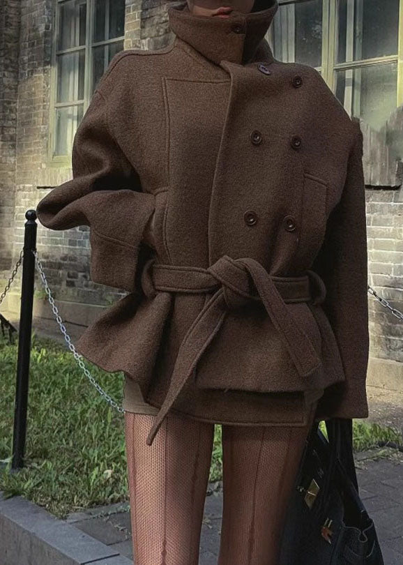 Casual Brown Stand Collar Button Woolen Coats Long Sleeve