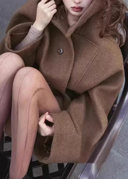 Casual Brown Stand Collar Button Woolen Coats Long Sleeve