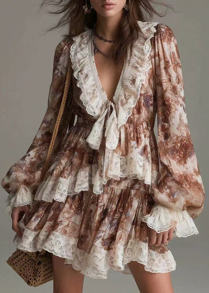 Casual Brown V Neck Lace Up Ruffled Print Mini Dress Lantern Sleeve