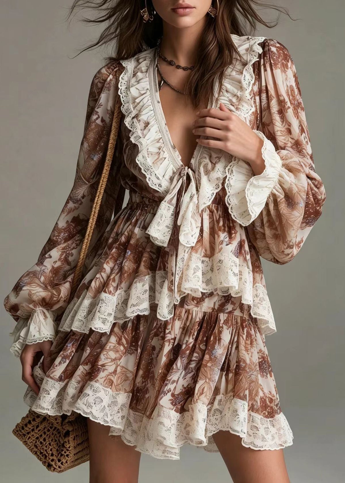 Casual Brown V Neck Lace Up Ruffled Print Mini Dress Lantern Sleeve