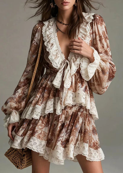 Casual Brown V Neck Lace Up Ruffled Print Mini Dress Lantern Sleeve
