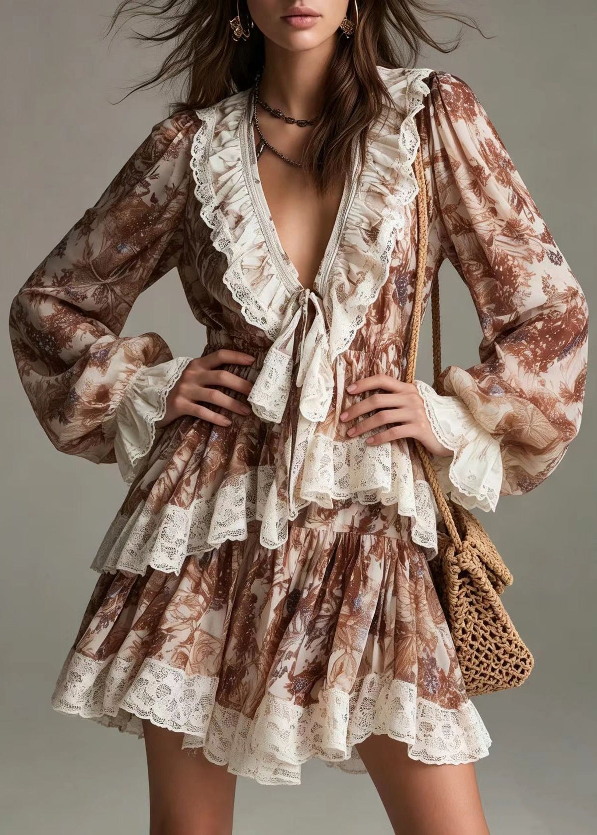 Casual Brown V Neck Lace Up Ruffled Print Mini Dress Lantern Sleeve