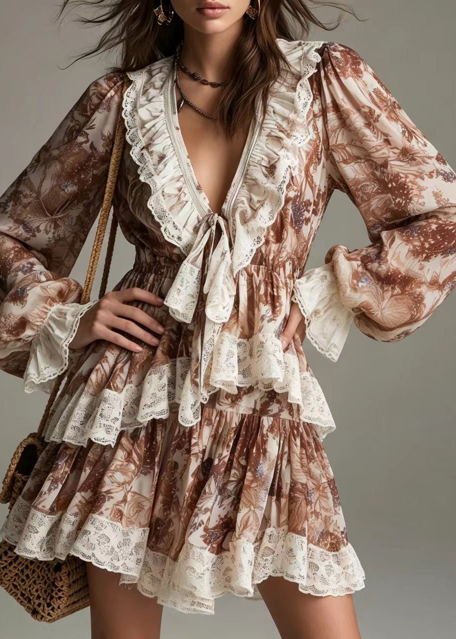Casual Brown V Neck Lace Up Ruffled Print Mini Dress Lantern Sleeve