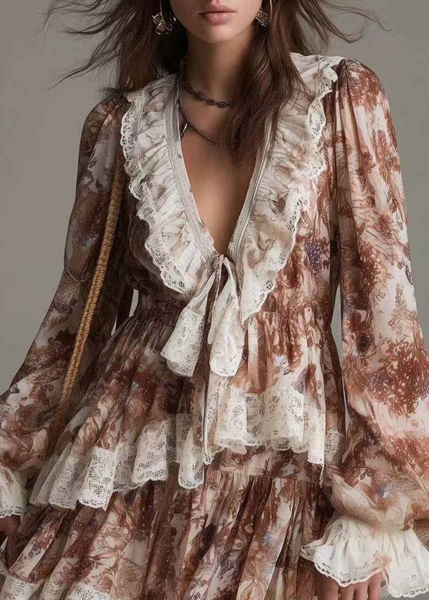 Casual Brown V Neck Lace Up Ruffled Print Mini Dress Lantern Sleeve