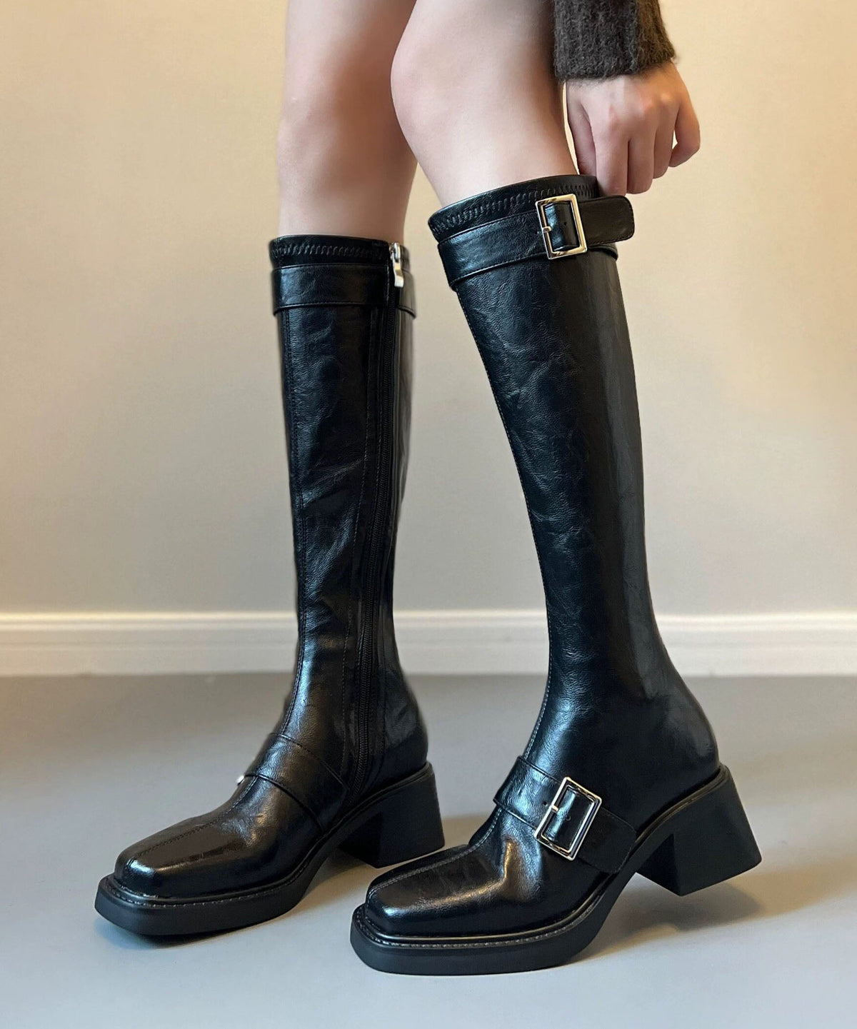 Casual Buckle Strap Chunky Boots Black Cowhide Leather