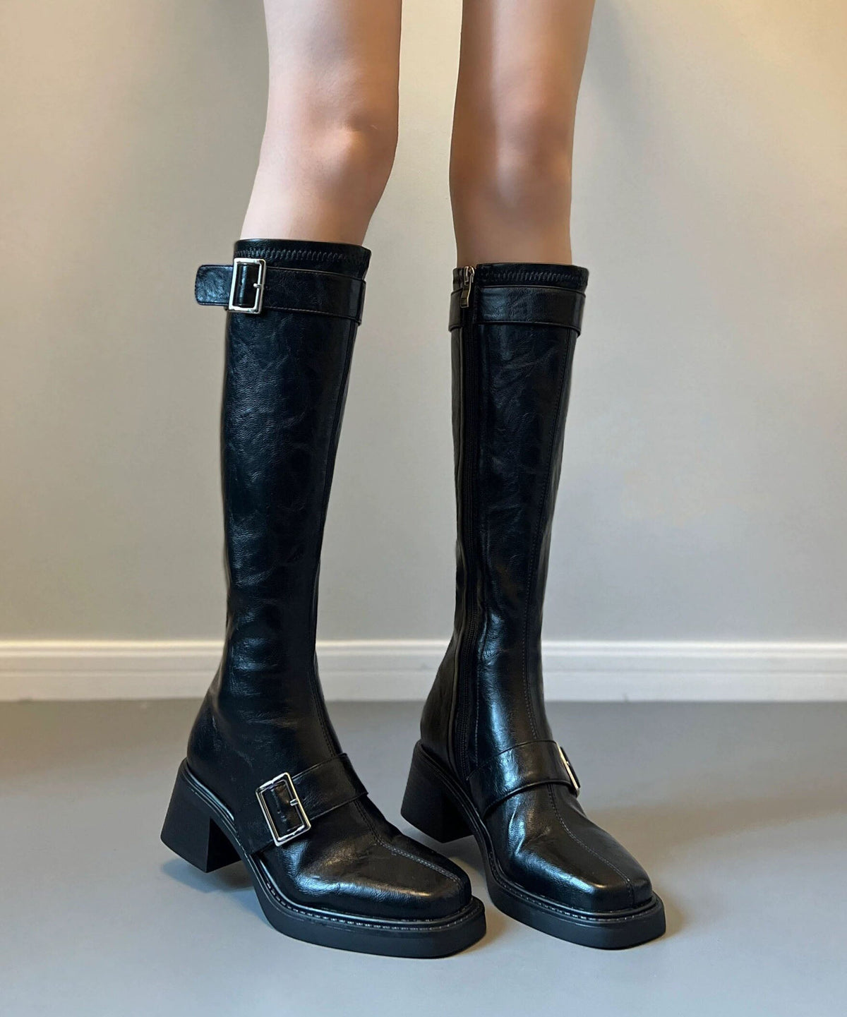 Casual Buckle Strap Chunky Boots Black Cowhide Leather