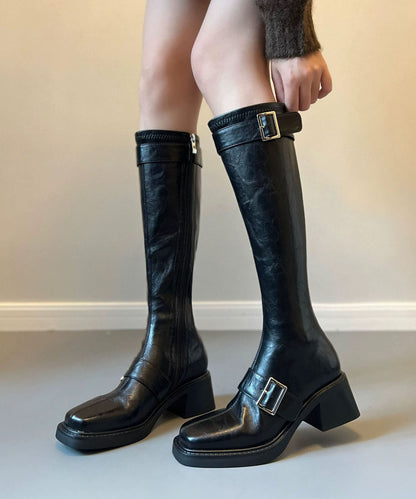 Casual Buckle Strap Chunky Boots Black Cowhide Leather