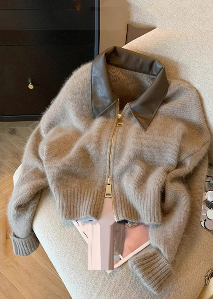Casual Camel Peter Pan Collar Zippered Patchwork Cotton Knit Cardigan Fall