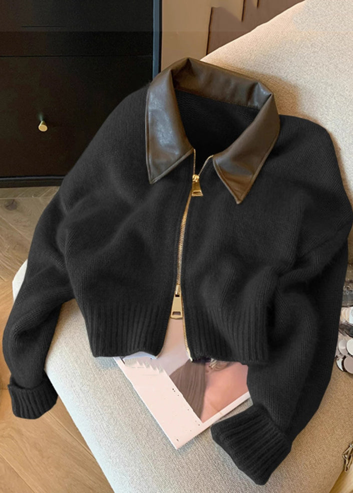 Casual Camel Peter Pan Collar Zippered Patchwork Cotton Knit Cardigan Fall