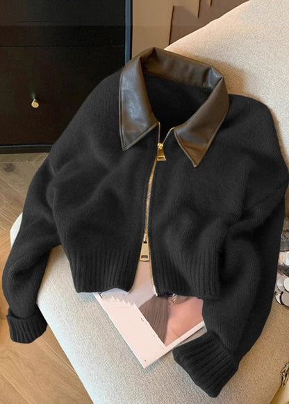 Casual Camel Peter Pan Collar Zippered Patchwork Cotton Knit Cardigan Fall