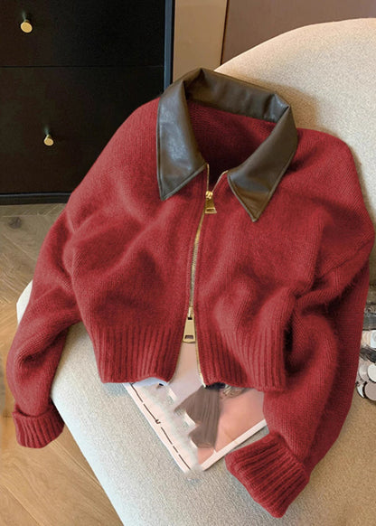 Casual Camel Peter Pan Collar Zippered Patchwork Cotton Knit Cardigan Fall