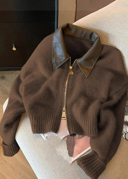 Casual Camel Peter Pan Collar Zippered Patchwork Cotton Knit Cardigan Fall