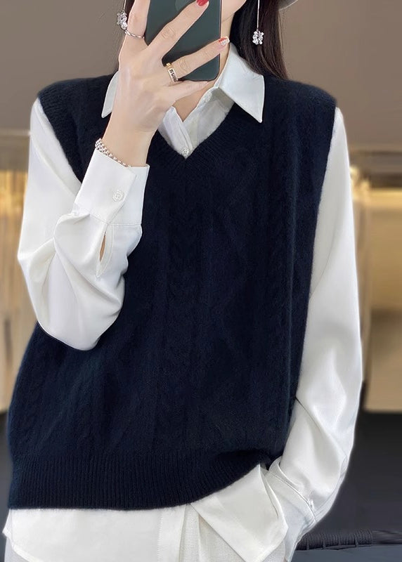 Casual Camel V Neck Thick Cable Wool Knit Waistcoat Fall