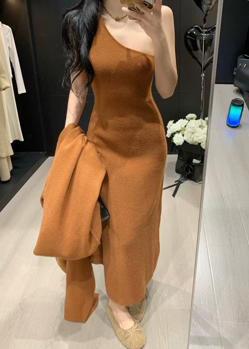 Casual Caramel V Neck Solid Knit Long Coats And Long Dress Two Pieces Set Fall
