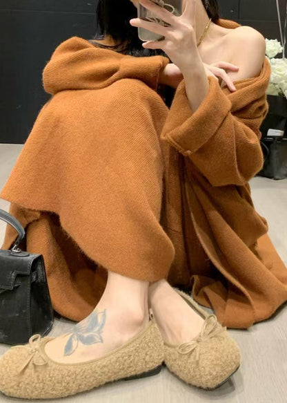 Casual Caramel V Neck Solid Knit Long Coats And Long Dress Two Pieces Set Fall