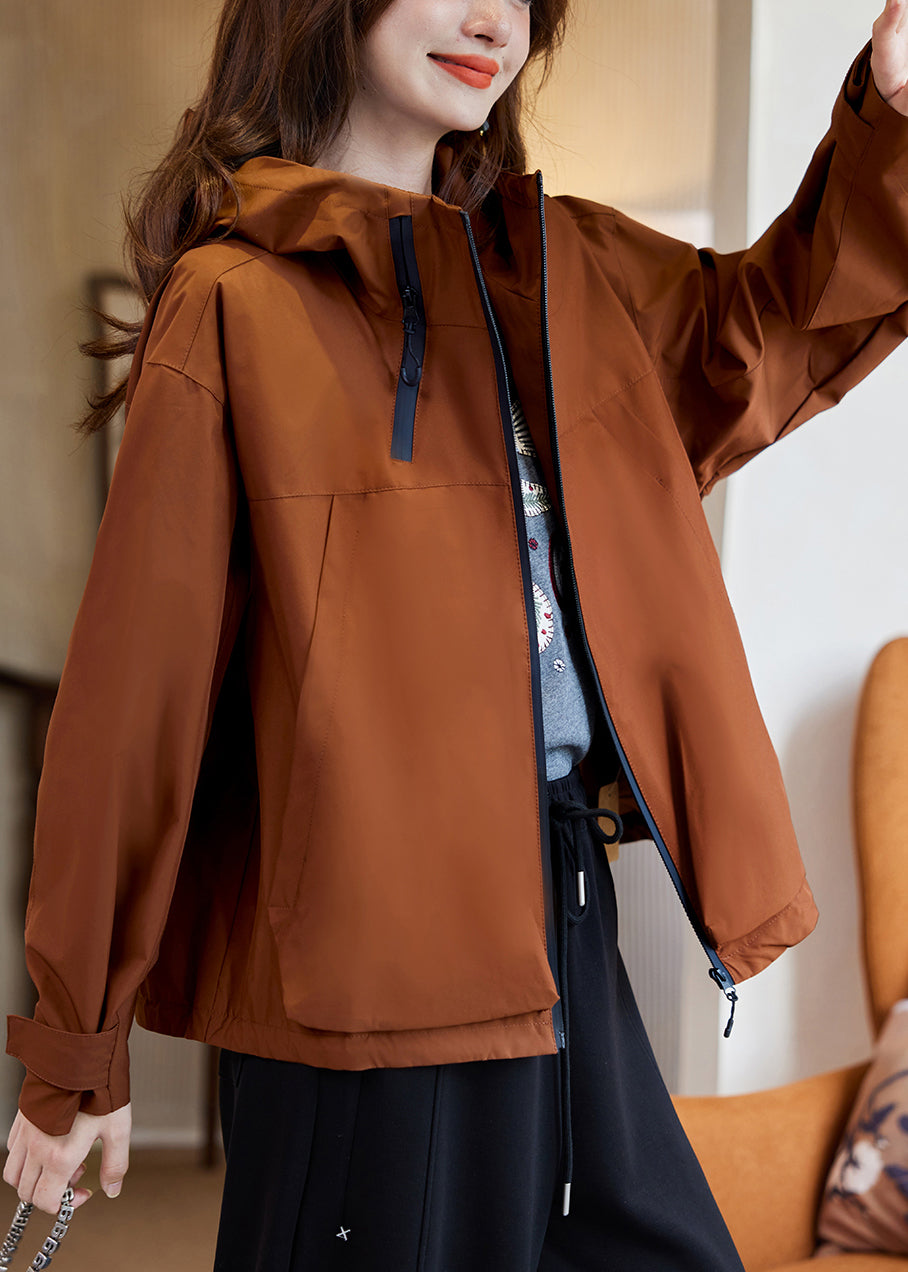 Casual Caramel Zippered Patchwork Hooded Coats Fall