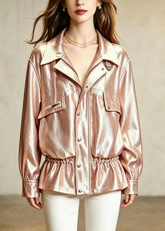 Casual Champagne Turn-Down Colla Zip Up Drawstring Pockets Jacket Fall