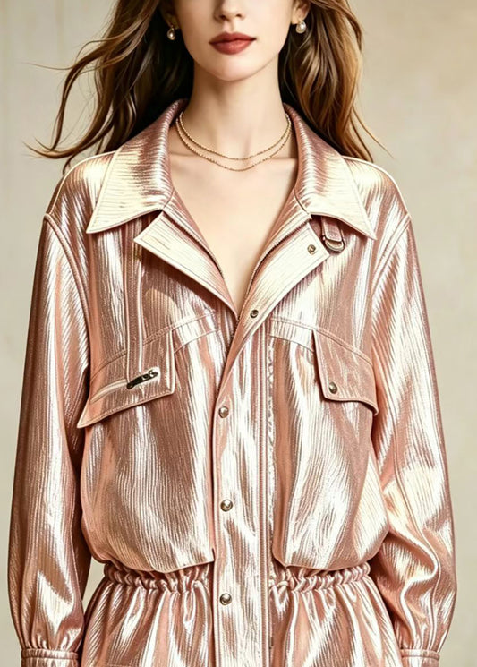 Casual Champagne Turn-Down Colla Zip Up Drawstring Pockets Jacket Fall