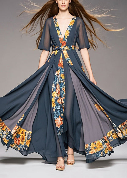 Casual Charcoal Grey Cinched Patchwork Exra Large Hem Chiffon Dresses Summer