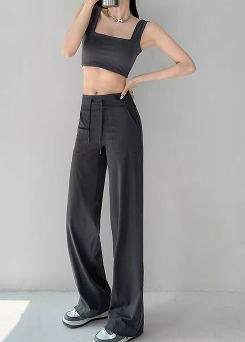 Casual Charcoal Grey Drawstring Draping Tennis Straight Pants