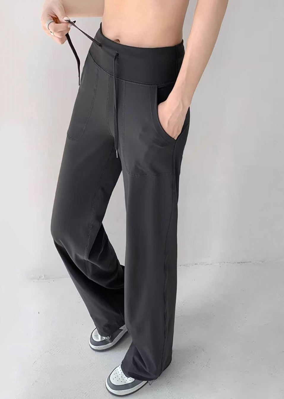 Casual Charcoal Grey Drawstring Draping Tennis Straight Pants