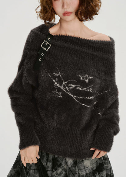 Casual Chocolate Cold Shoulder Print Faux Mink Knit Pullover Winter