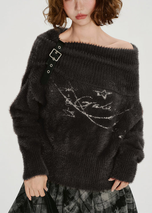 Casual Chocolate Cold Shoulder Print Faux Mink Knit Pullover Winter