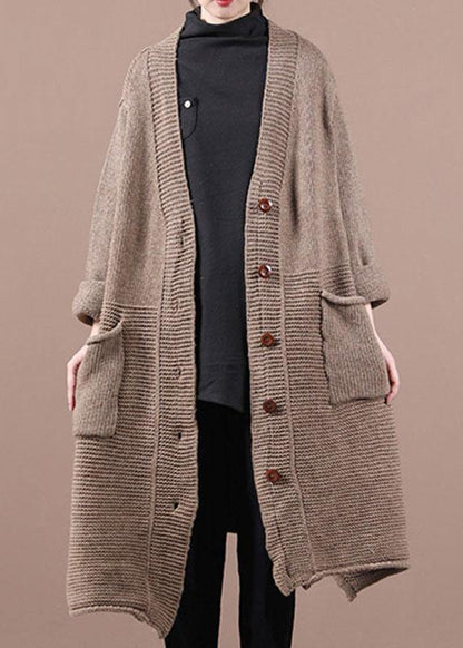 Casual Chocolate V Neck Pockets Fall Long Sweater Coat - SooLinen