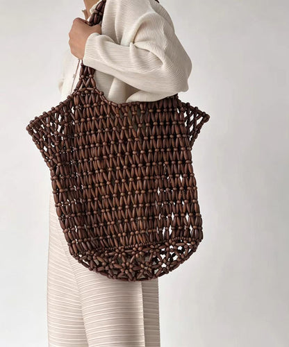 Casual Coffee Beading Weave Cut Out Shoulder Bag