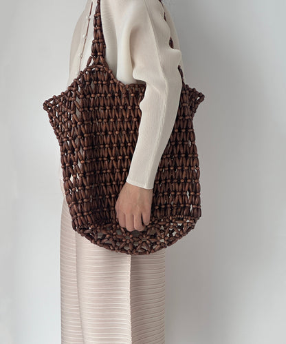 Casual Coffee Beading Weave Cut Out Shoulder Bag