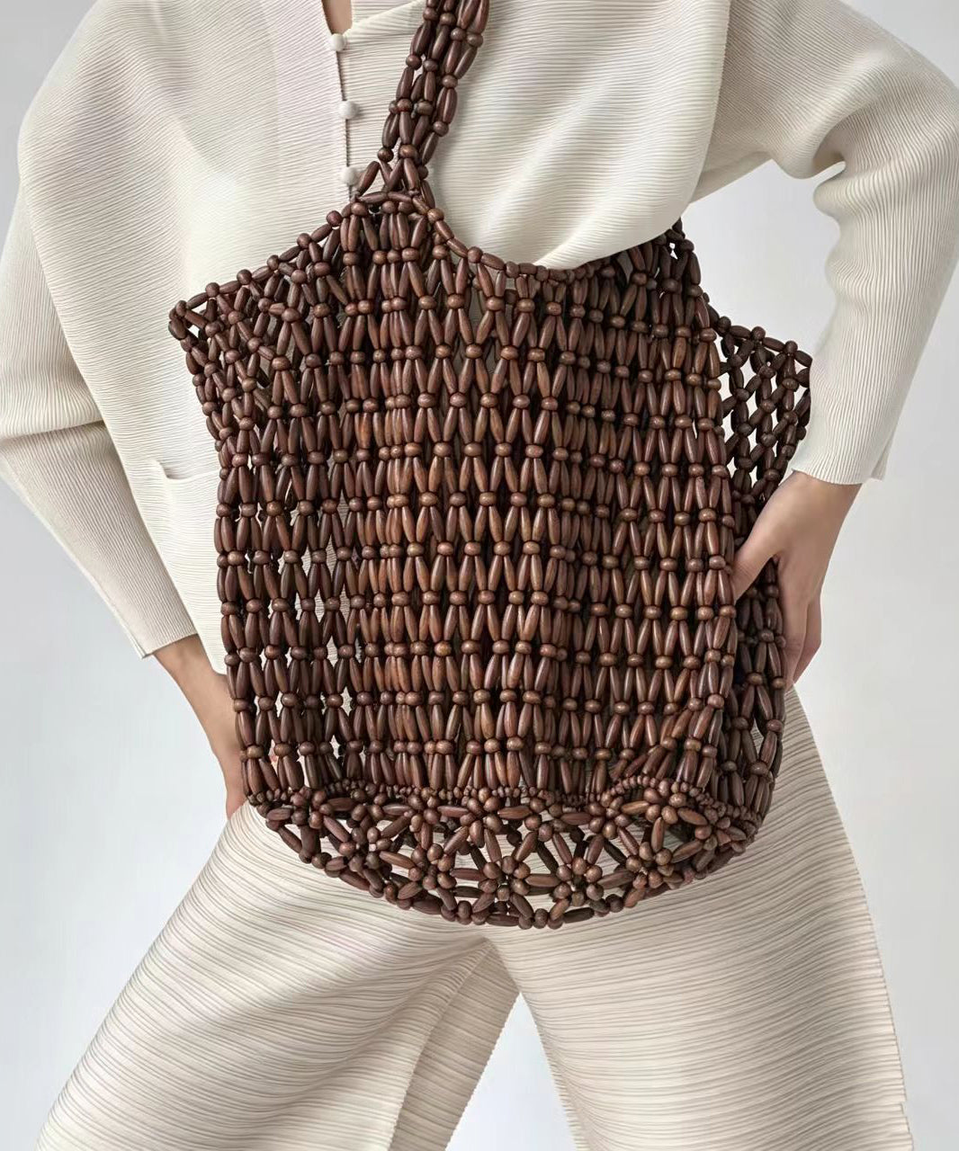 Casual Coffee Beading Weave Cut Out Shoulder Bag