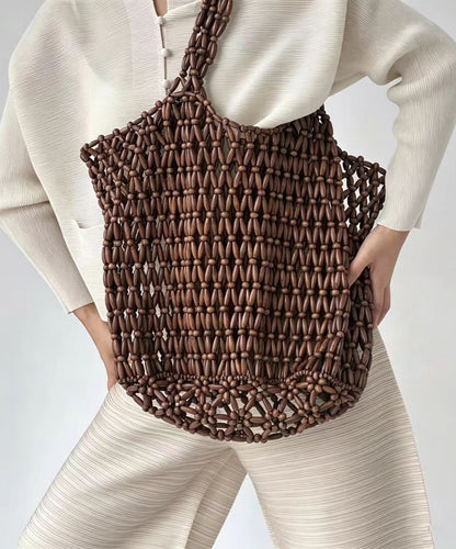 Casual Coffee Beading Weave Cut Out Shoulder Bag