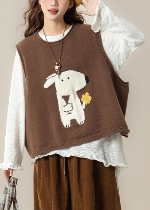 Casual Coffee Dogs Knit Vest And White Ruffled T Shirt Knit Two Pieces Set Spring