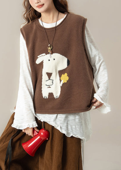 Casual Coffee Dogs Knit Vest And White Ruffled T Shirt Knit Two Pieces Set Spring