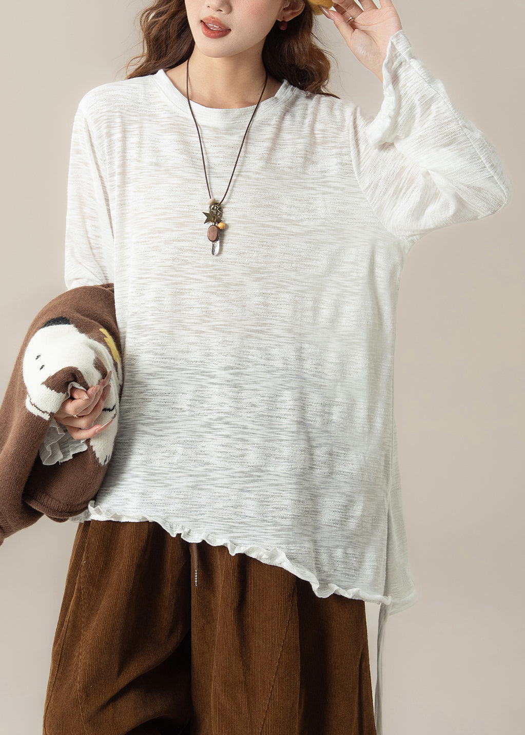 Casual Coffee Dogs Knit Vest And White Ruffled T Shirt Knit Two Pieces Set Spring