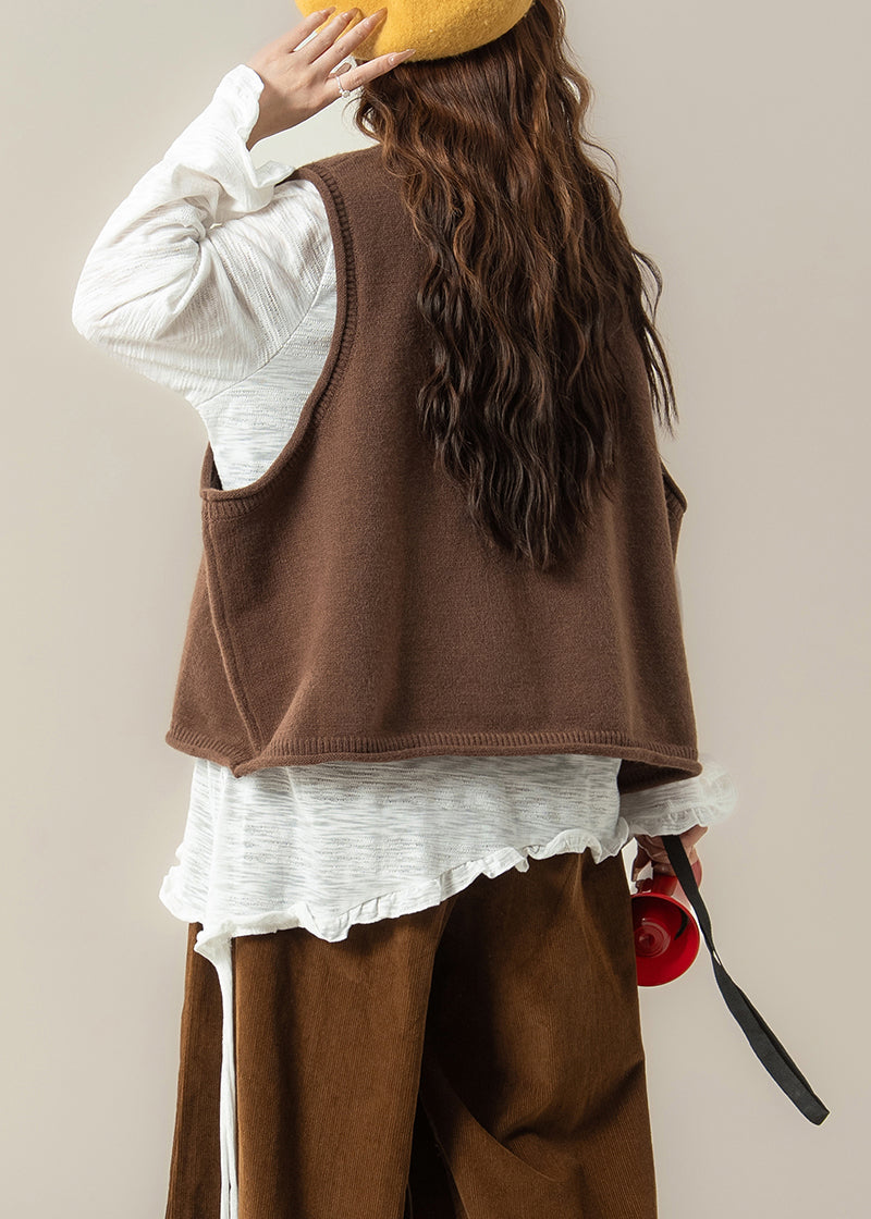 Casual Coffee Dogs Knit Vest And White Ruffled T Shirt Knit Two Pieces Set Spring